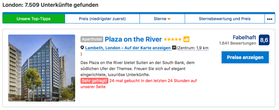 Social Proof bei Booking.com